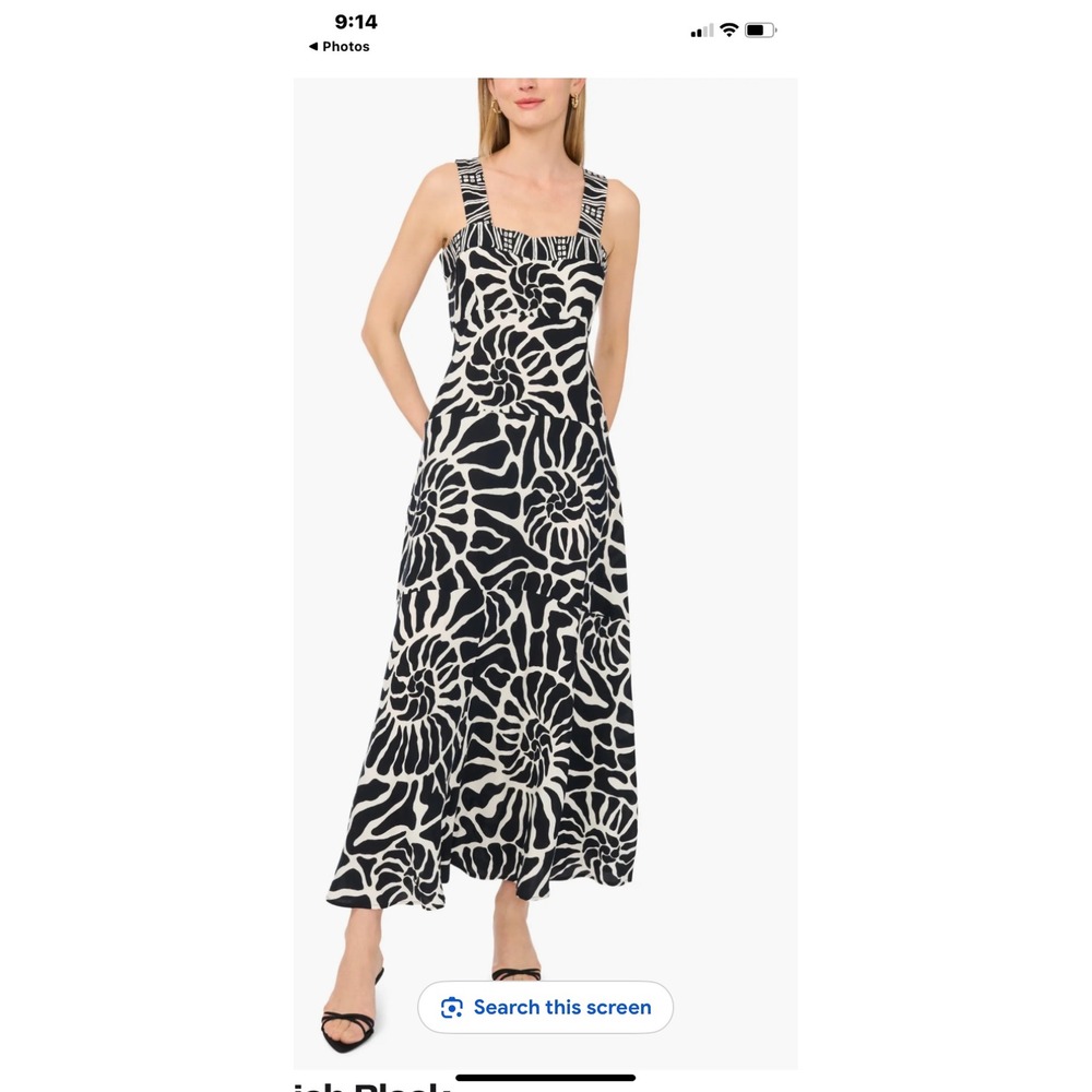 Vince Camuto Black White Shell Print Maxi Dress Sleeveless Smocked Back Medium